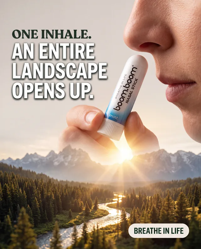 Nasal stick ad with a mountain landscape opening up inside a nostril