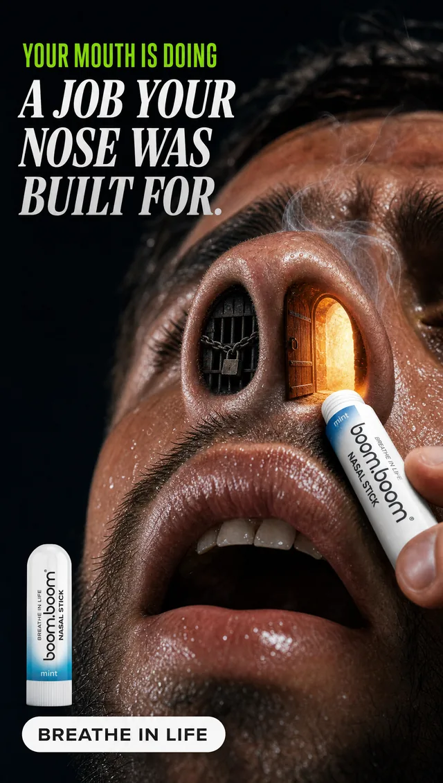 Nasal stick ad with a jail cell and a door built into the nostrils