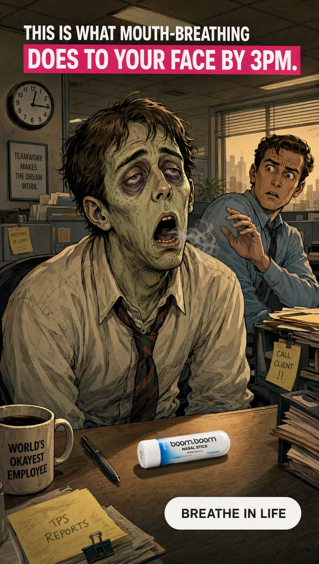 Nasal stick ad with a zombie-faced office worker who mouth-breathes