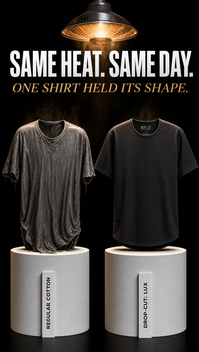 T-shirt ad comparing a melted shirt to one that held its shape under heat