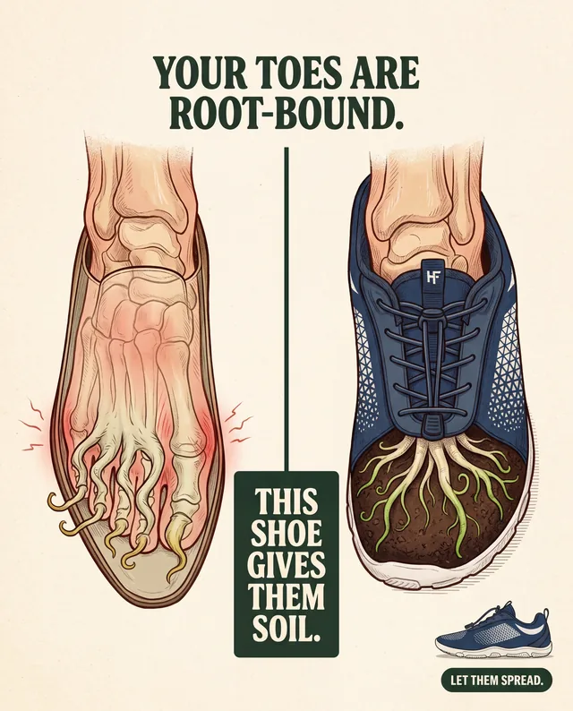Shoe ad with roots growing out of root-bound toes