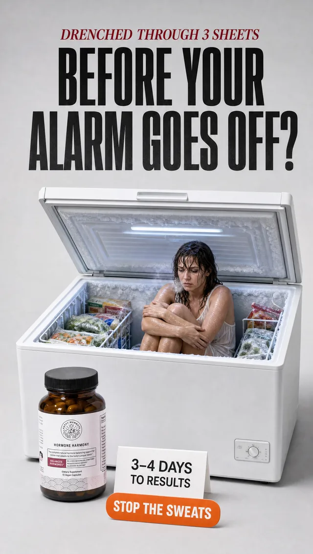 Menopause supplement ad with a woman sitting inside a freezer