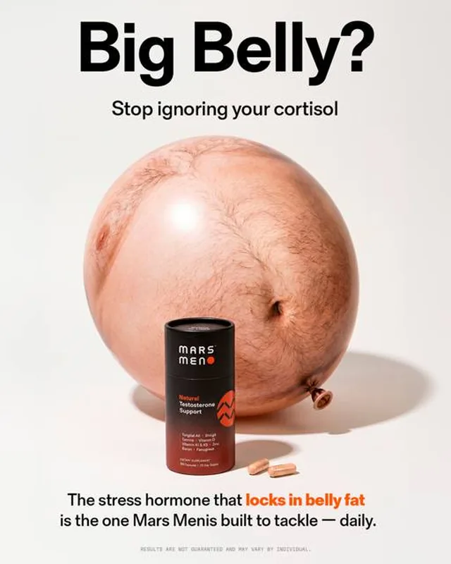 Testosterone supplement ad with an oversized belly labeled cortisol fat