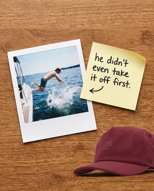 Hat ad with a polaroid of someone jumping into water still wearing the cap