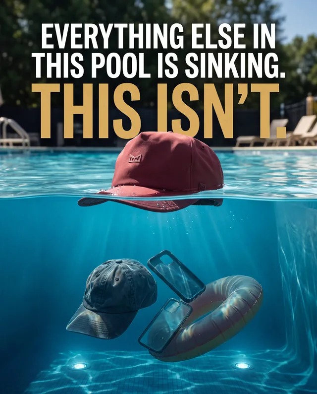 Hat ad showing a waterproof cap floating while other pool items sink