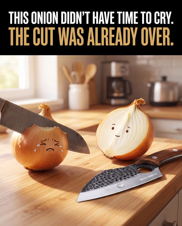Knife ad with two cartoon-faced onions, one crying, cut by an ultra-sharp blade