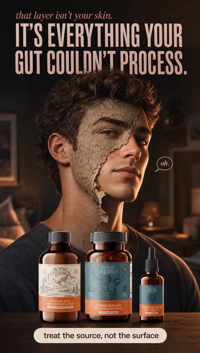 Acne supplement ad with a man's face half cracked like dried mud