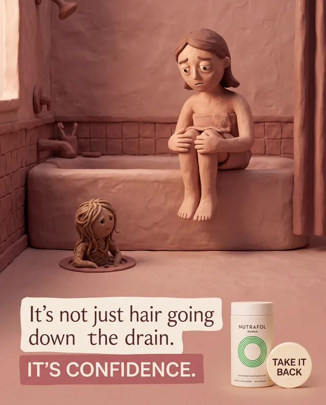 Hair growth supplement ad with a claymation child rising out of a shower drain