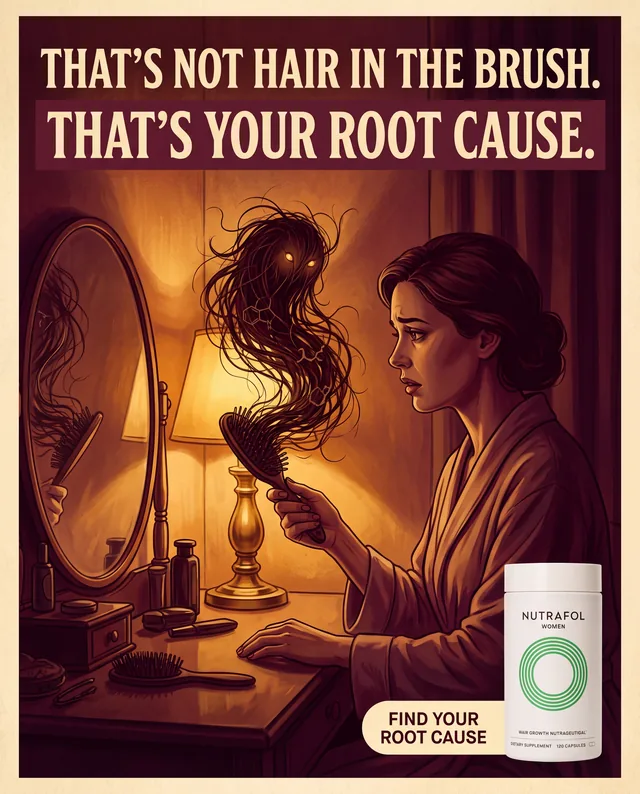 Hair growth supplement ad with a ghost made of hair looming over a woman brushing her hair