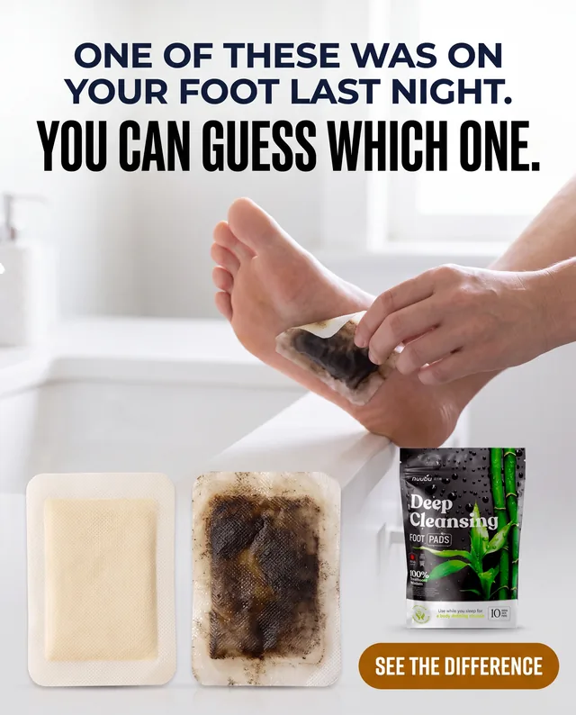 Foot detox pad ad comparing a clean pad to one covered in dark residue