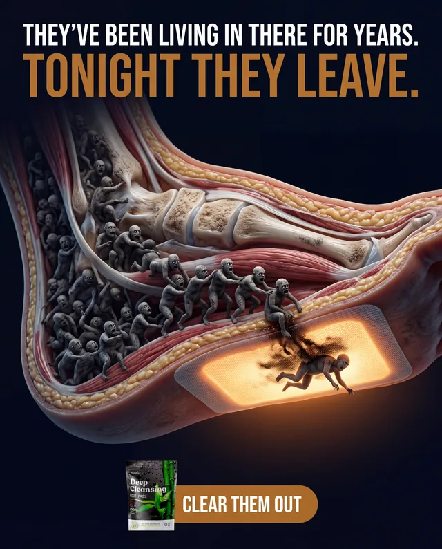 Foot detox pad ad with tiny gray creatures fleeing through a cutaway foot
