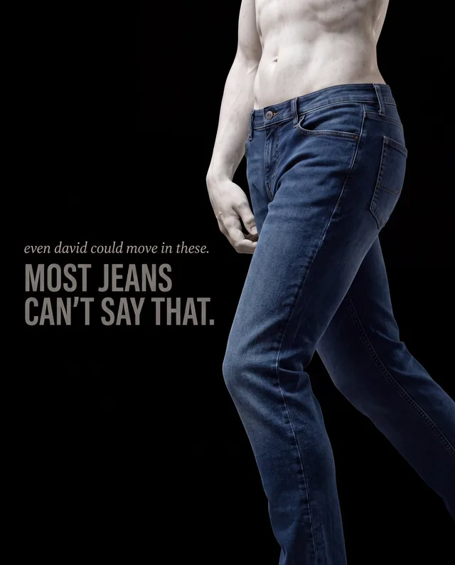 Jeans ad with a marble statue in denim, headline about the statue being able to move in them