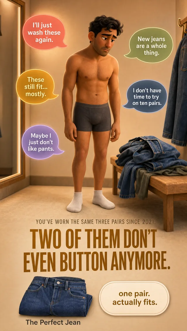 Jeans ad with a man in a fitting room surrounded by his own excuses in speech bubbles