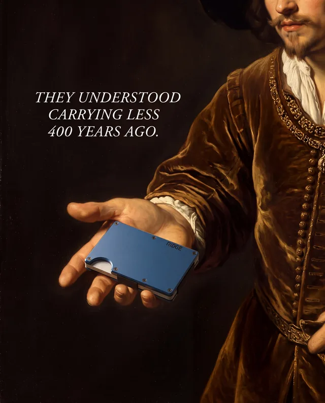 Wallet ad with a renaissance portrait's hand holding a modern slim wallet