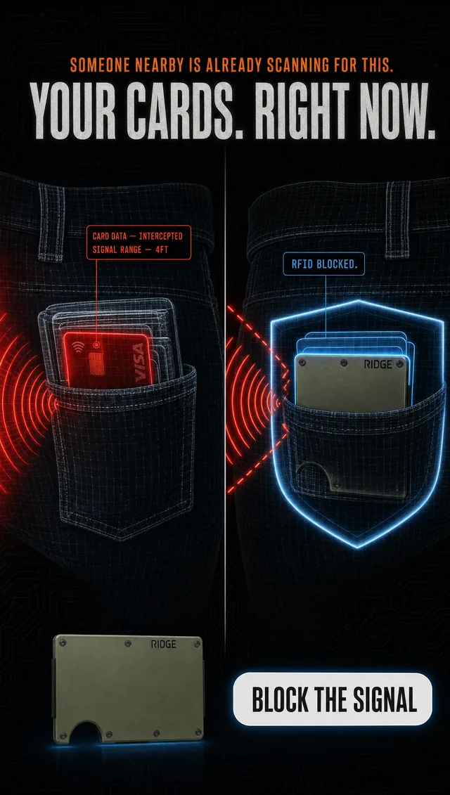 Wallet ad comparing an exposed card getting scanned to an RFID-blocked wallet