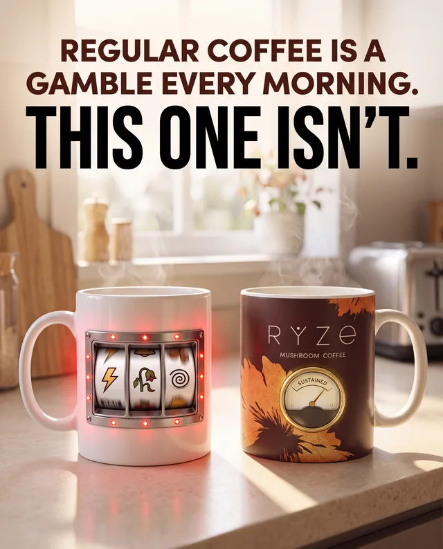 Mushroom coffee ad comparing a slot-machine mug to a steady mushroom coffee mug