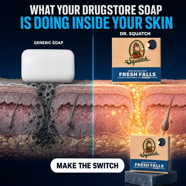 Soap ad showing a cross-section of skin comparing generic soap to a natural bar