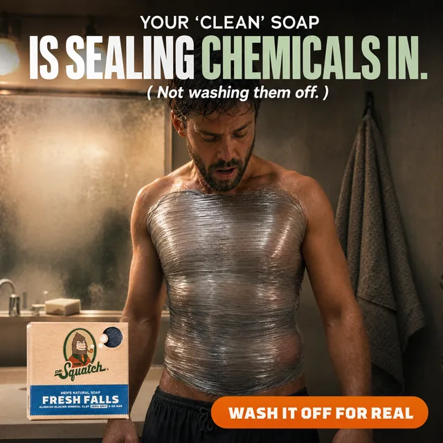 Soap ad with a man's torso wrapped in plastic wrap