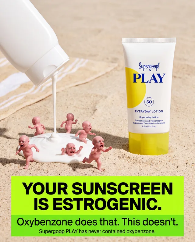 Sunscreen ad with crying figurines fleeing a competitor's lotion pour