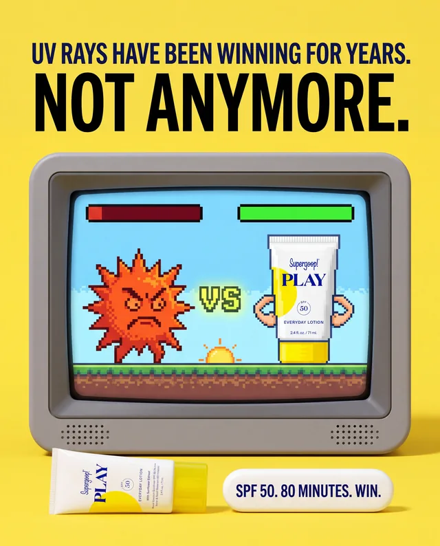 Sunscreen ad styled as a retro video game fight between the sun and the product
