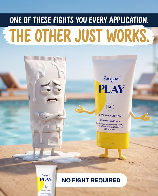 Sunscreen ad with a melting competitor tube standing next to an unfazed product mascot