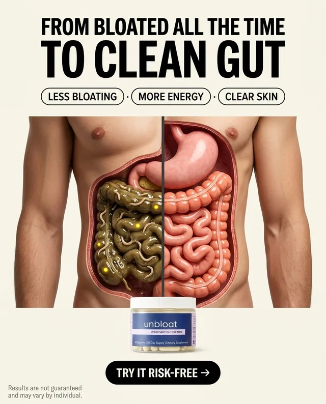Gut supplement ad with a torso cutaway comparing a bloated gut to a clean one