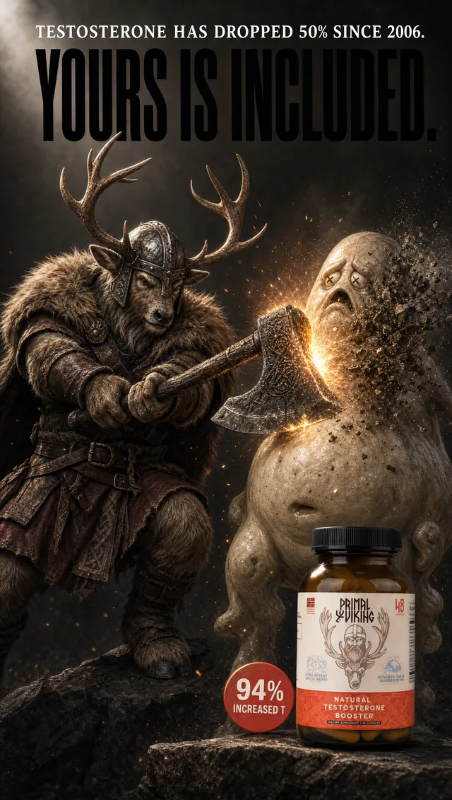 Testosterone supplement ad with a viking axe smashing a rock shaped like an organ