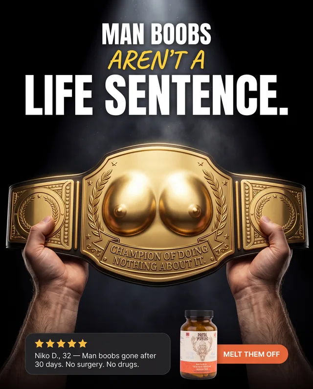 Testosterone supplement ad with a championship belt shaped like breasts