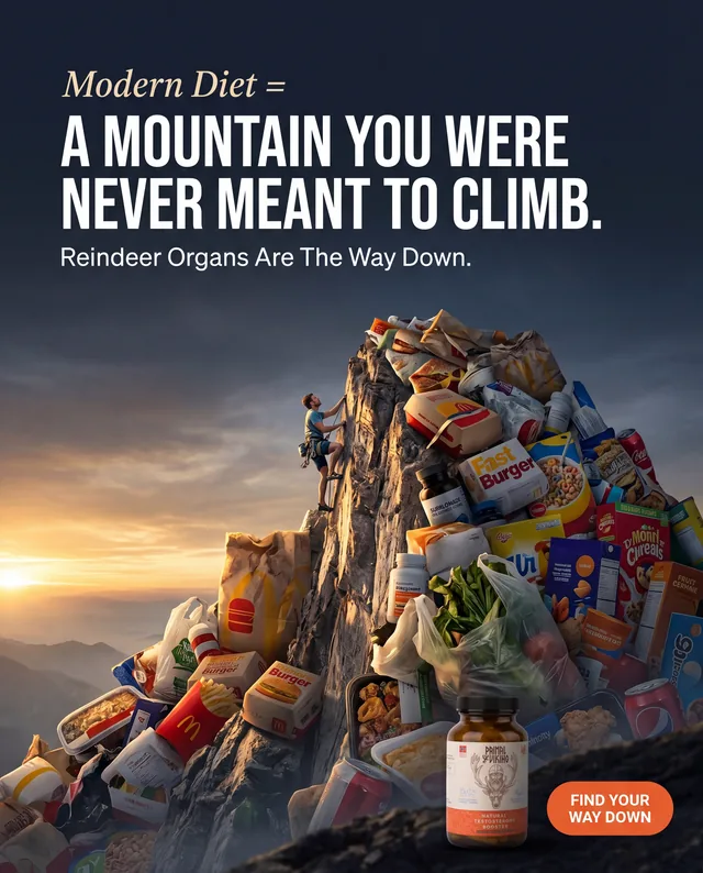 Testosterone supplement ad with a mountain made of junk food