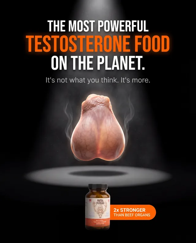 Testosterone supplement ad with a floating organ under a spotlight
